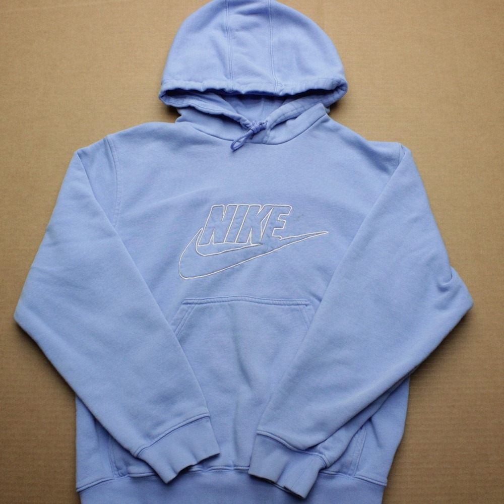 Nike Y2K Hoodie Mens Sz S Blue Pullover Spellout Swoosh Long Sleeve Drawstrings
